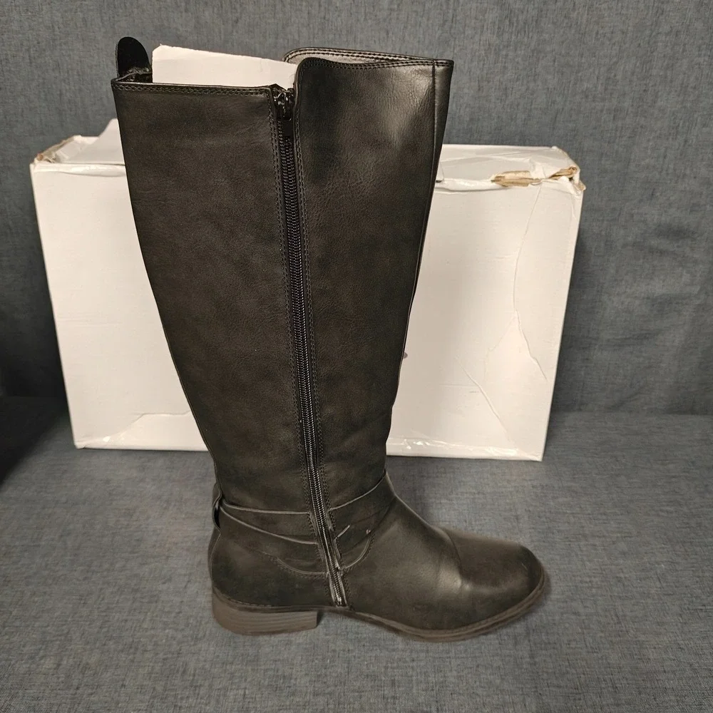 OLIVIA‎ MILLER Womens Black Knee High Boots Size 9 Side Buckle & Zipper